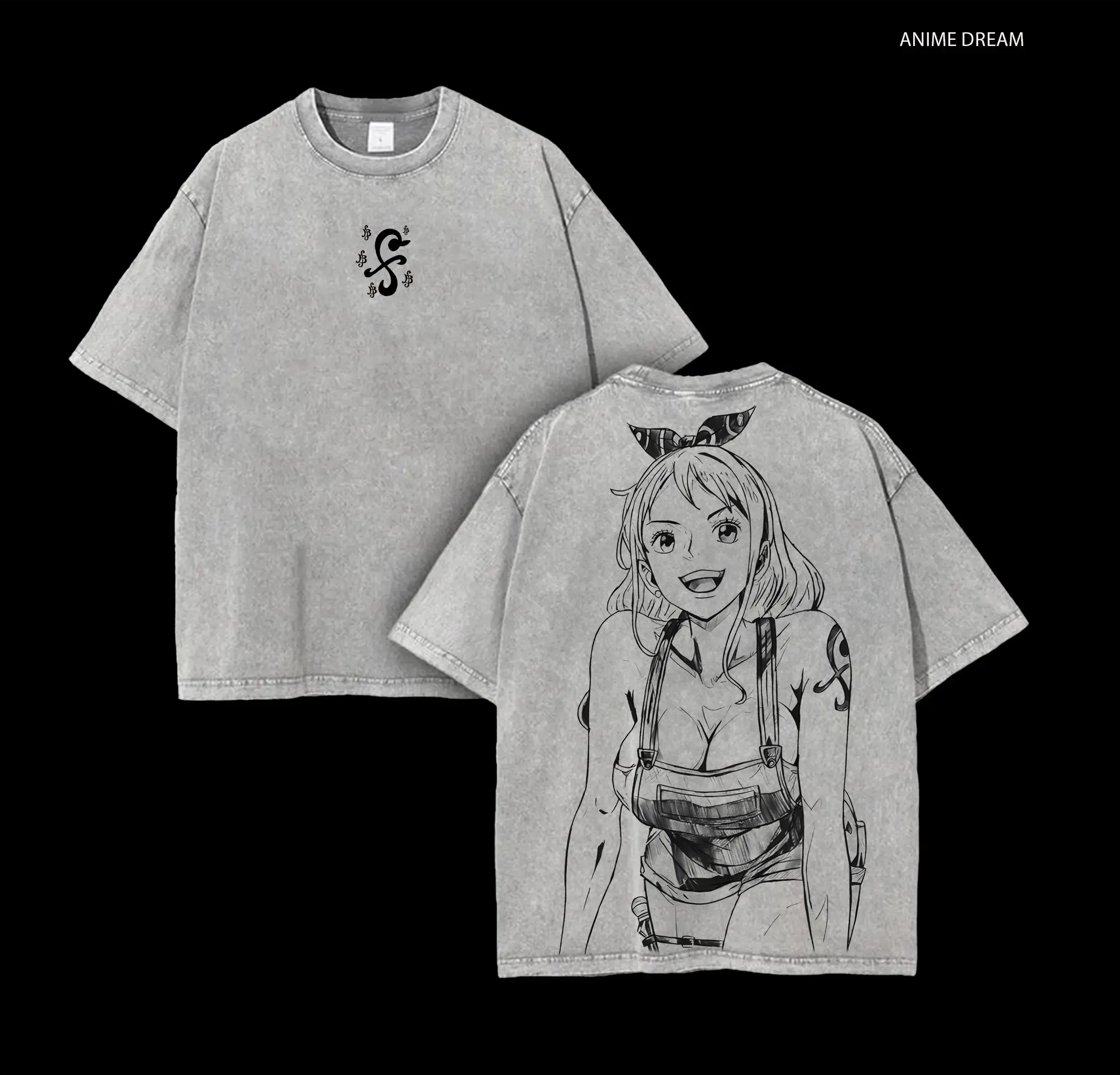 Men's Oversize Vintage Washed Heavyweight Cotton T-shirt - 1-Piece Nami Anime Double-Printed Manga Apparel, Classic Ribbed Seamless Soft Stylish Menswear Top Clothes Oversized