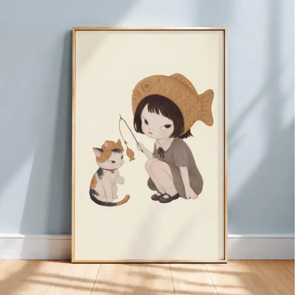 Yoshitomo Nara Inspired Girl Taiyaki Hat Poster Kawaii Cat Illustration Soft Surreal Art Matte Wall Decor, Product without frame