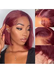 13x4 Short Straight Bob Lace Front Wig. Human hair & heat-resistant synthetic blend. 180% density, pre-plucked natural hairline, classic 99J shade. Comfortable, lightweight, natural movement, ideal for daily & special occasions. Lace Front Bobs