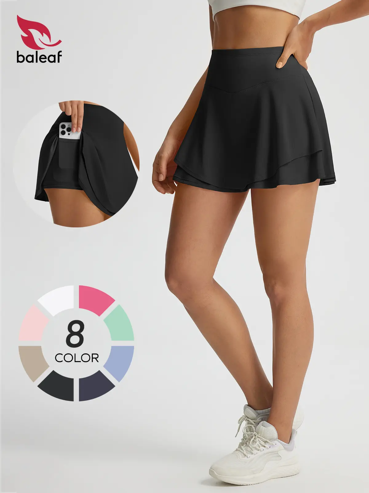 BALEAF Women's Black Skort, High-Waisted Double Ruffle Stretch Tennis Skirt with Tummy Control, 2 Pockets & UPF 50+, Skirts,travel essentials,camping essentials