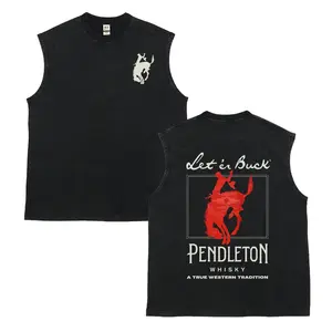 Men's Unisex Breathable Soft Cotton Distressed Loose Casual Streetwear Tank Top - Vintage Cowboy Riding Horse Graphic Washed Cargo Vest, "Let ’er Buck" Western Retro Sleeveless Print, Ideal Boyfriend Gift