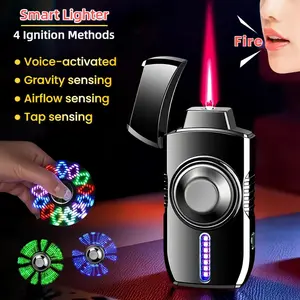 Voice Controlled Rotating Torch Lighter – Fidget Spinner with LED, 4 Ignition Modes, USB-C Rechargeable, Zinc Alloy Windproof, Adjustable Flame, Refillable (Butane Not Included) – Gift for Men