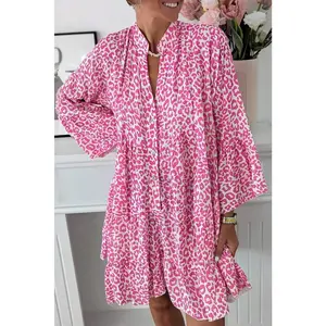 Bright Pink Leopard Printed Long Sleeve Buttoned Front Mini Dress