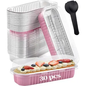 30 PCS Mini Cake Pans with Lids and Spoons,Mini Loaf Pans with Lids 6.8 oz, With individually wrapped spoons，Aluminum foil Baking containe