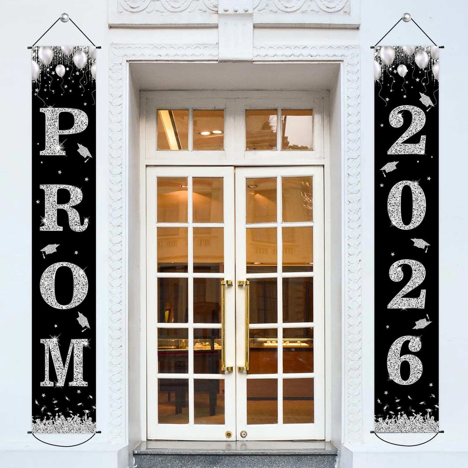 Prom Night Porch Sign, Prom 2026 Graduation Party Decoration, Black & Silver Banner, “Congratulations Class of 2026” Party Decoration Supplies for High School/College Graduation Celebrations, Party Favors (70.87 × 11.81 inches)