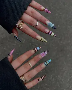 [HOT SUMMER] Colorful Stripe Press On Nails  3D Flower Polka Design  Mixed Stiletto Set