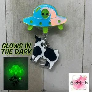 UFO Cow Abduction badge reel, Glow in the dark badge reel, Spaceship badge reel, Alien badge reel Personalized Lanyard