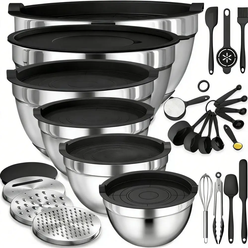 Nesting Stainless Steel Serving & Mixing Bowls, Airtight Lids, Grater Attachments for Kitchen Baking Preparation