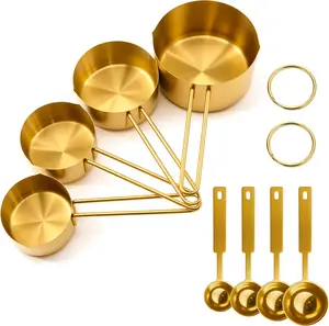 Pack Of 8 Golden Measuring Cups and Spoons Set,Stackable & Long Handle Fits Narrow Jars,Kitchen Accessories for Liquid & Dry Ingredients Baking Cooking, Durable&Rust-Proof