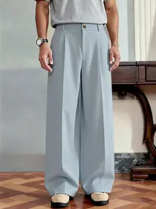 Men's Casual Versatile Solid Color Dress Pants, Unique Button Design, Fitted Style, Suitable for Parties and Daily Wear