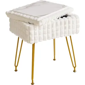 Rectangle Vanity Chair with Storage Space, Footrest Footstool Ottoman, Vanity Stool, Dressing Table Chair, with Anti-Slip Feet, for Makeup Room, Bedroom, Square Grid Pattern, White