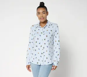 Denim & Co. Heavenly Jersey Button Front Fall Leaf Print Striped Top