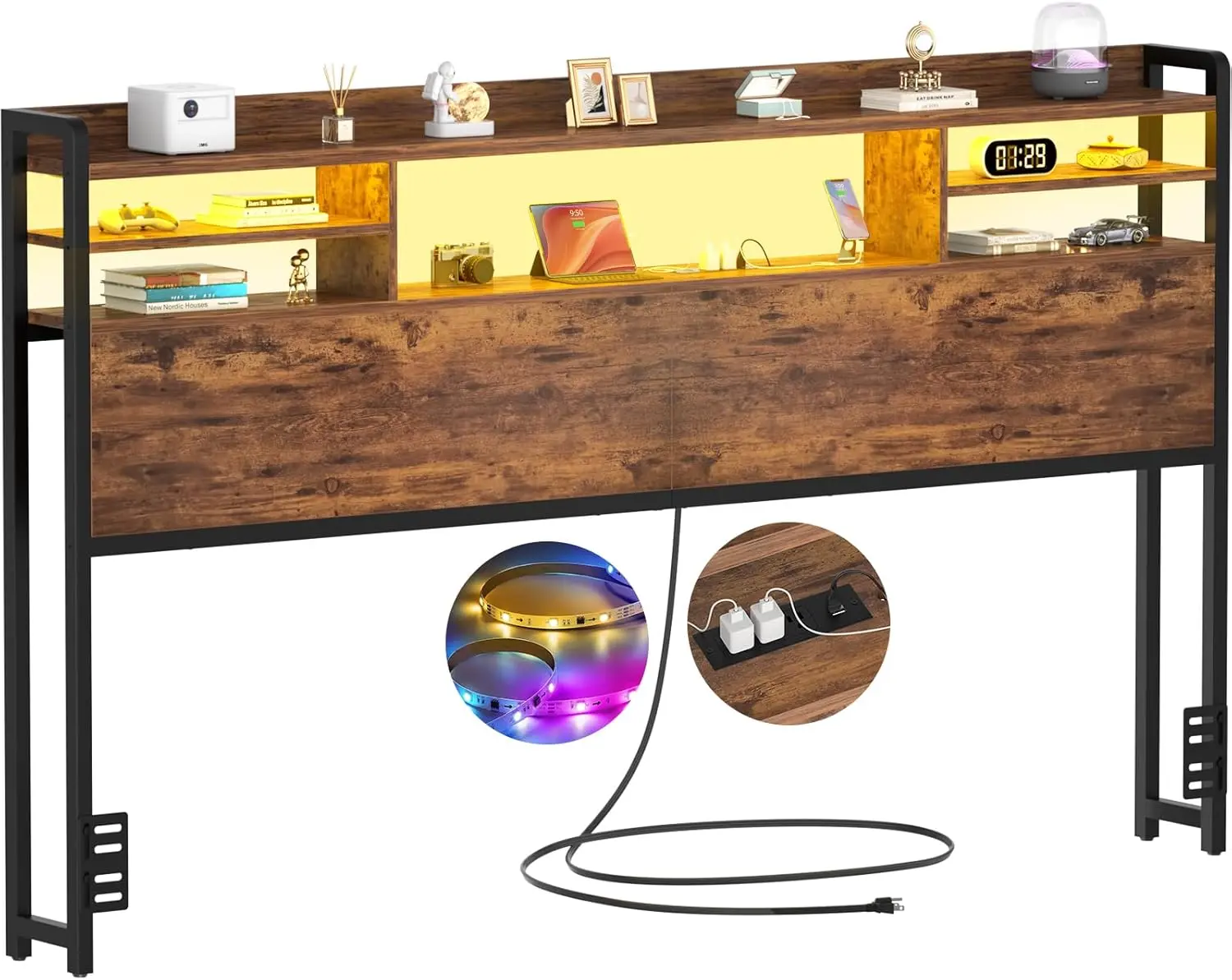 Headboard for  Size Bed with Storage, Headboards with LED Light, Power Outlets, USB Ports  Size  Board,  headboard Only Sturdy and  Headboards, Modern, Rustic Brown