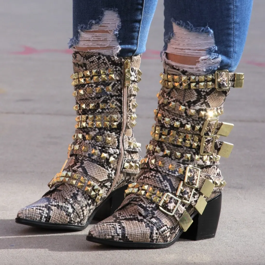 Printed pointy toe gold ornament 3' wedge heel boots