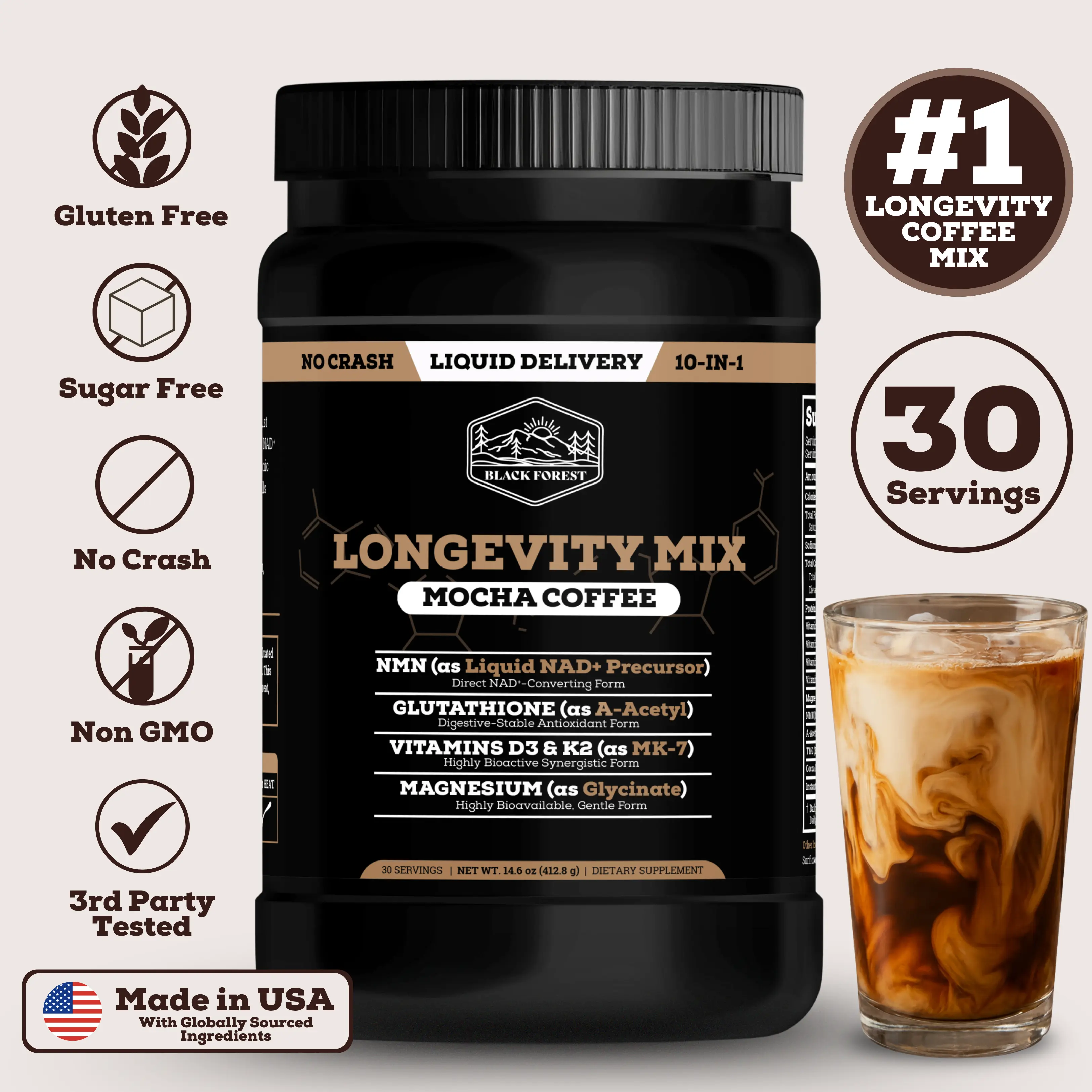 Black Forest Longevity Mix Mocha Instant Coffee Beverage - NMN, Glutathione, Magnesium Glycinate, Vitamin D3,C,K2,B12, Cocoa Powder - 30 Servings, Gluten-Free, Sugar-Free, Non-GMO Health & Wellness Supplement
