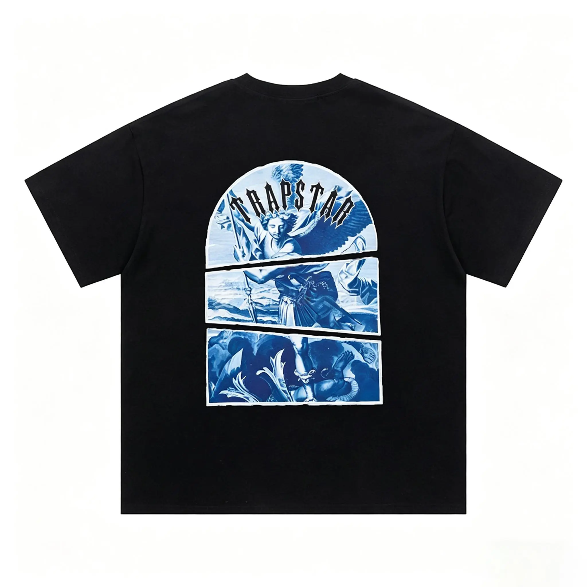 Blue Split Art Print Black T-Shirt Trapstar Inspired Streetwear Tee,Y2K Hip Hop Streetwear Angel Graphic Cotton Tee