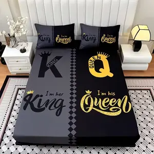 King Size Bedding Set (fitted Sheet + Pillowcases), Crown Print Design, Bedroom Decor, Bed Sets