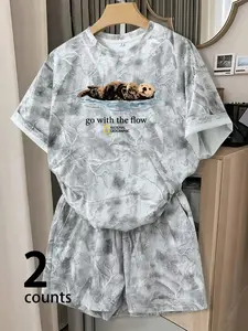 2-Piece Women's National Geographic Otter Matching Set, "Go With The Flow" Print Casual T-Shirt & Shorts, Loose Summer Loungewear