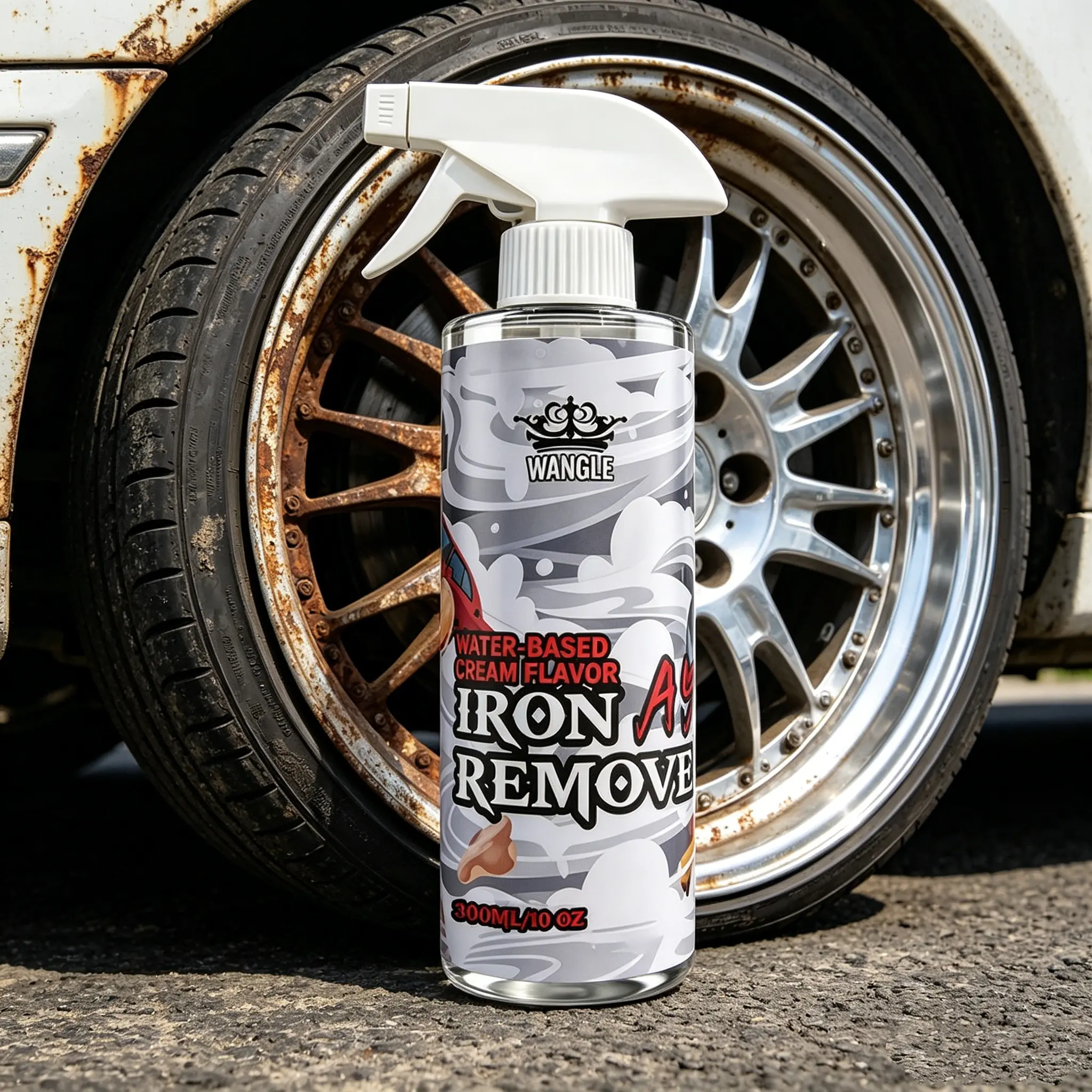 Car rust removal spray set, including a brush, water-based safe cleaning solution, suitable for wheels, paint surfaces, and brake pads.