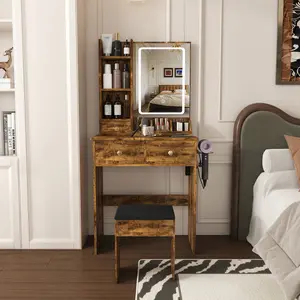 Modern small Vanity Desk ,featuring 3 modes of LED lighting with adjustable brightness, 3 drawers and multiple open storage shelves, a hair dryer holder and power socket, and a dressing chair.brown