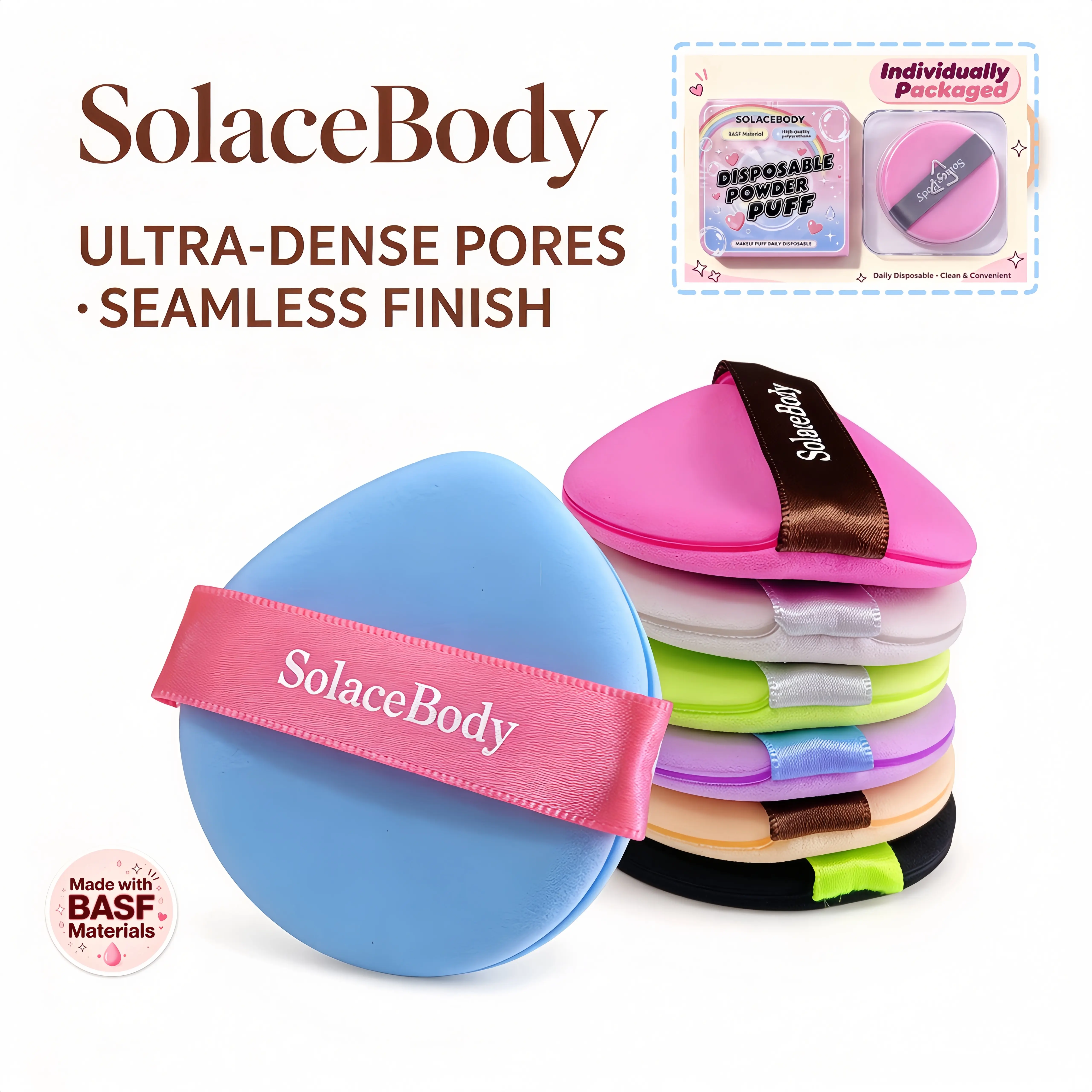 SolaceBody Powder Puff Makeup Sponge， Daily Disposable Puffs, Low Waste Wet Dry Dual-Use Cushion Made with BASF Materials, Seamless Finish for Liquid Foundation & Setting Powder