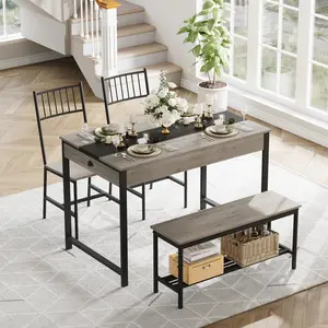 4-Piece Farmhouse Dining Table Set for 4 – Space-Saving Kitchen Table with Bench, 2 Chairs, Storage Rack & Drawers, Rectangular Breakfast Nook Set for Small Spaces