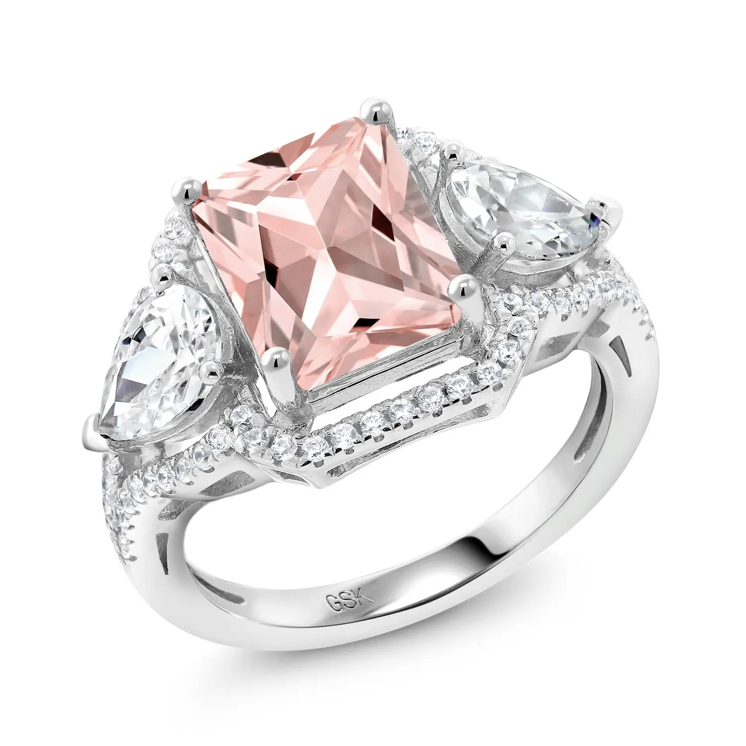 Peach Nano Morganite Ring For Women | 925 Sterling Silver | Emerald Cut 10X8MM | 3.99 Cttw | Gemstone October Birthstone | Wedding Engagement Anniversary Promise Ring For Women
