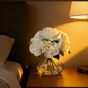 Realistic Silk Peony Artificial Flower Arrangement with Glass Vase & Faux Water – Elegant Table Centerpiece, low maintenance , Ideal for Home, Shelf, Bathroom, or Wedding Décor – Pink Color UV Resistant