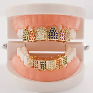 Hip Hop Gold/Sliver 5A Zircon Teeth Grillz Full Set Colorful Zirconia Teeth Jewelry Grillz Adjustable Hip-Hop Grilz Unisex Jewelry for Party christmas easter birthday