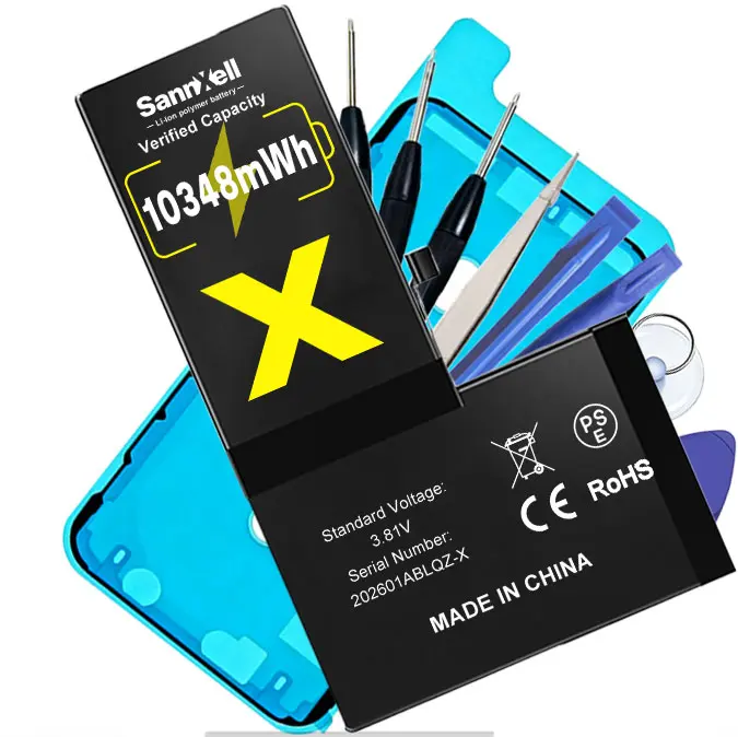 SannXell Upgraded High-Capacity Aluminium Lithium Ion Replacement Battery for iPhone X, 10348mWh 2716mAh 0-Cycle Batteries with Auto Power-Lock Tech, Memory-Metal Dual-Fuse for A1865/A1901/A1902 + Full Mobile Repair Tool Kit & Box