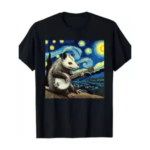 Fun Possum T-Shirt, Possum Playing Banjo, Starry Night Fun T-Shirt-180g-100% Cotton T-Shirt Casual Round Neck ivan cornejo merch graphic tees men gifts graphic tee