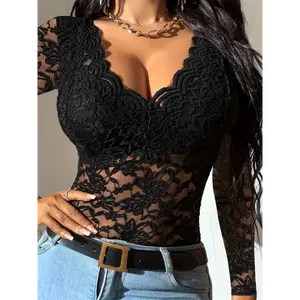 Sexy Elegant Lace Tops Sheer Stretch V-Neck T-Shirt for Women - Chic, Perfect All Seasons