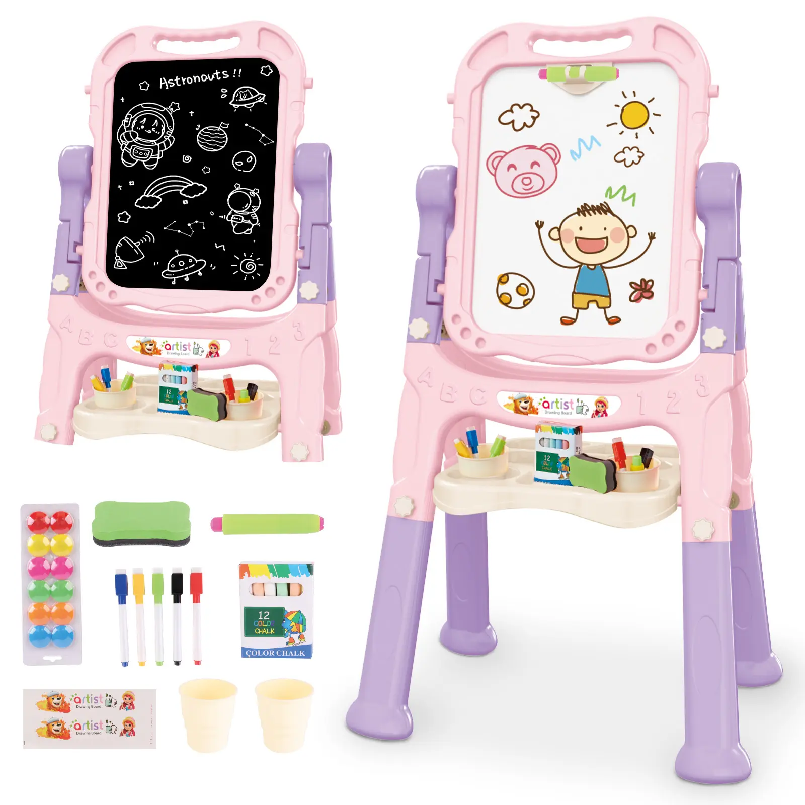 deAO Easel for Kids, Double-Sided Art Easel, 4-in-1 Rotatable Drawing Board with Magnetic Surface, Chalk Writing and Painting Accessories