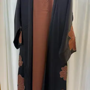 Original Dubai Abaya 3 Piece Set with Chiffon Hijab Featuring Elegant Floral Embroidery and Rich Brown Accents