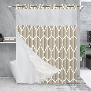 Geometric corrugated no hook shower curtain, double-layer shower curtain with inner lining, soft polyester fabric, fashionable and simple style home decoration, bathroom accessory, 72x75in