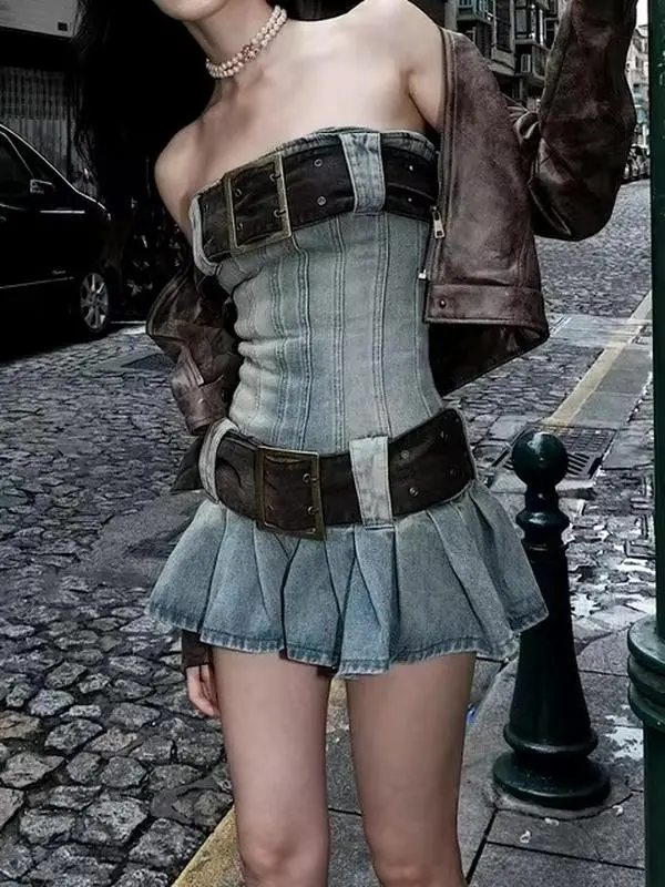 Womans Large Belt Denim Tube Dress K-Pop Style