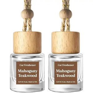 Car Air Freshener Hanging 2 Pack, Mahogany Teakwood Essential Oil Diffuser for Cars, Cute Glass Bottle Car Accessories for Women & Men Gift, Long-Lasting Fragrance, Made in USA