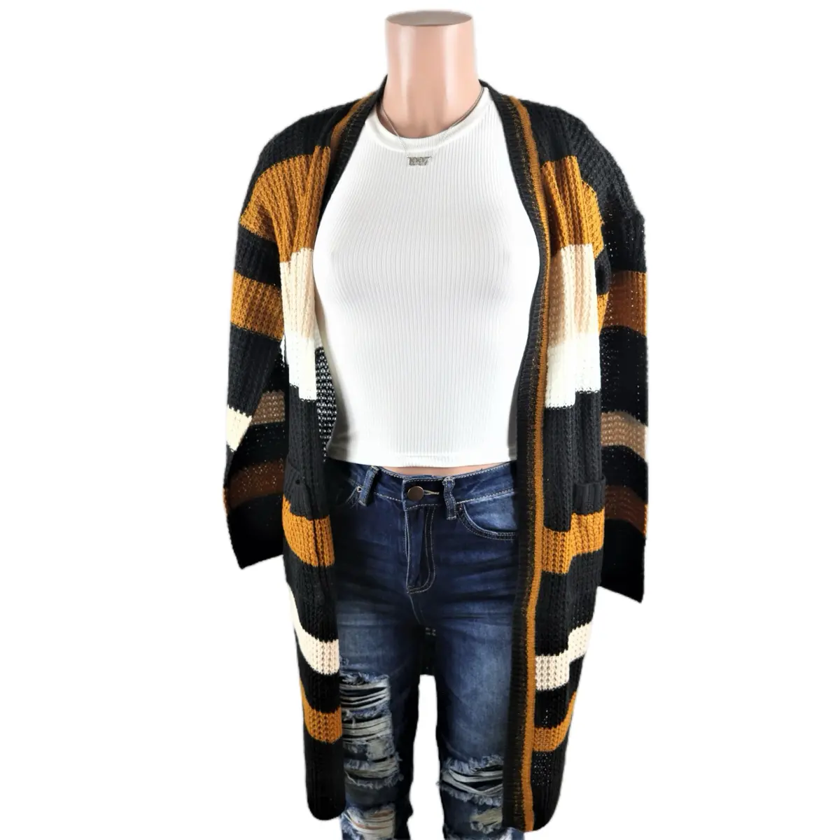Women's Striped Waffle Cardigan with Long Sleeves for Casual Comfort Knitted