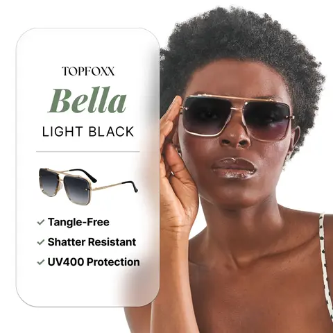 Topfoxx Bella Light Black & Gold Aviator Sunglasses | Casual Street Style Sunglasses with Tangle-Free Nose Pads, Certified Shatter-Resistant Lenses & UV400 Protection - Stylish Eyewear Shades for Women & Men - Trendy Unisex Outdoor Fashion