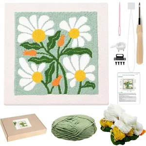 DIY Green Daisy Embroidery Punch Needle Kit for Beginners & Kids Starter Kit with Frame Hoops Pattern Fabric Yarn Needles & Threader DIY Craft Supplies