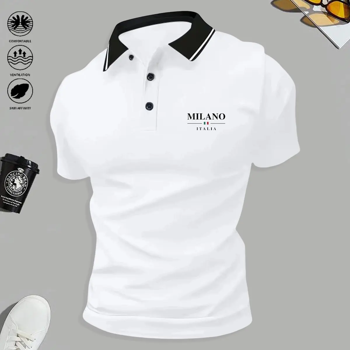 Men’s Standard-Fit Polyester Letter Print Outdoor-Ready Woven Short-Sleeve Polo Shirt, Summer Menswear for Outdoor Sports, Golf