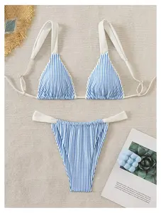Blue Striped Bikini Set for Women - 2 Piece Swimsuit Adjustable Straps Ruffled Bathing Suit - Cute Summer Beachwear for Teens Girls, Quick Dry