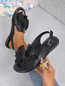 Women's Bow Decor Flat Sandals, Casual Open Toe Summer Shoes, Lightweight Heelless Slippers, Comfortable Walking Footwear, Textile Upper