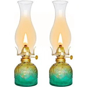 2 Pieces Large Chamber Clear Glass Kerosene Lamps 11" Vintage Hurricane Oil Lantern for Indoor Home Tabletop Decor Lighting