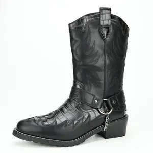 Black Leather Cowboy Boots for Men - Alligator Print, Buckle Chain Decor, Mid - Calf Western Style Riding & Casual Boots Men's Black Western Cowboy Boots with Buckle Chain & Embroidery - Alligator Pattern Leather, Mid - Calf Riding Boots