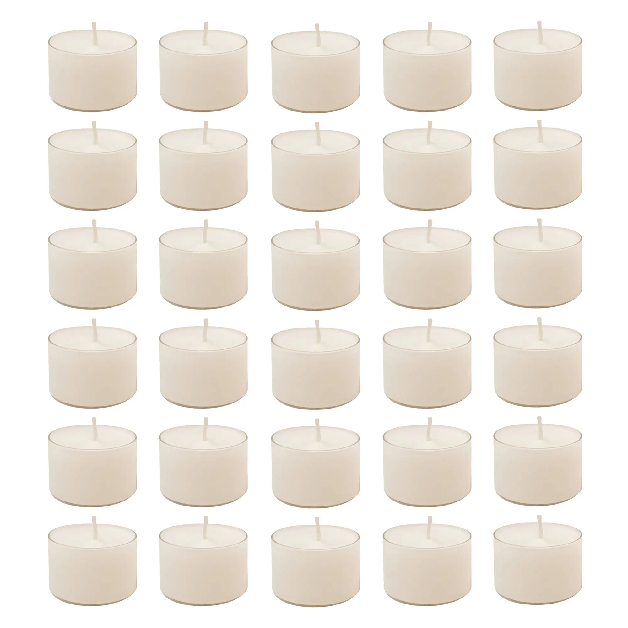 LumaBase 8h Tea Light Candles (30 Pcs) - 100% Paraffin Wax, Lead-Free Cotton Wicks, Plastic Holders, White, Simple Design, Long Burn, Home Decor, Indoor-Outdoor Events Use, Made in the USA, Ideal for Room & House Settings