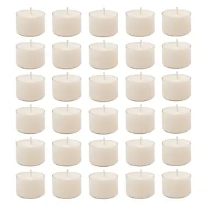 LumaBase Tea Light Candles 8 Hour Set of 30 100% Paraffin Wax Lead-Free Cotton Wicks Clear Plastic Holders White Indoor Outdoor Use Made in the USA