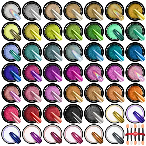 Saviland Chrome Nail Powder Set: 48 Metallic Mirror Effect Color for Gel Nails Aurora Holographic Silver Gold Chrome Powder Glitter & Rhinestone Glue summervibes