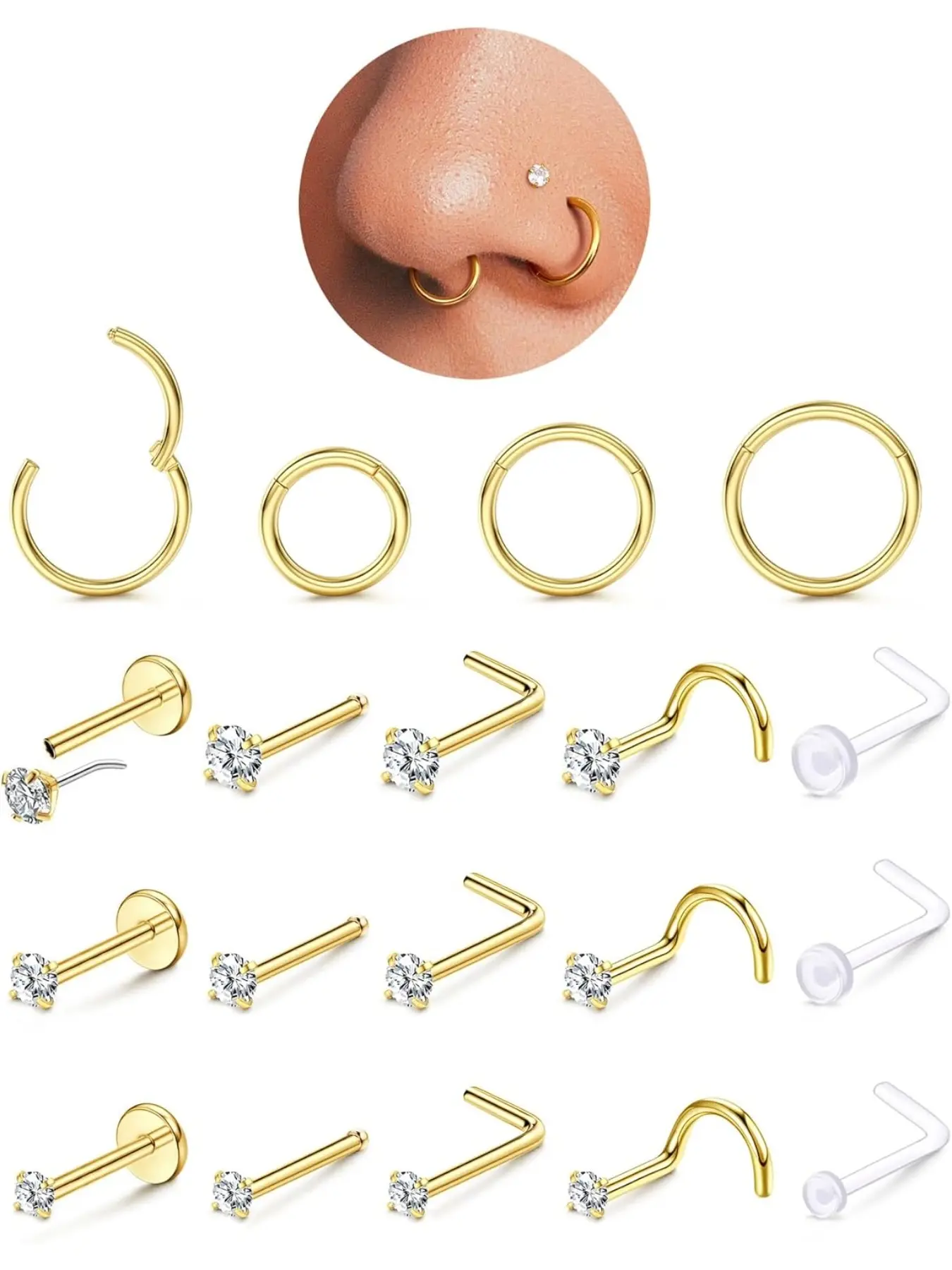 Gold Filled Nose Rings Set Studs Hoops for Women Men: Body Piercing Jewelry 20G 18G 316L Surgical Stainless Steel Hypoallergenic Dainty Simulated Diamond L Shaped/Corkscrew/Straight/Push Back Nostril Piercing Jewelry Septum Clicker Ring