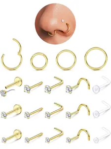 Gold Filled Nose Rings Studs Hinged Nose Hoops for Women Men: 20G 18G 316L Surgical Stainless Steel Hypoallergenic Dainty Simulated Diamond L Shaped/Corkscrew/Straight/Push Back Nostril Piercing Jewelry with Rhinestone Nose Ring